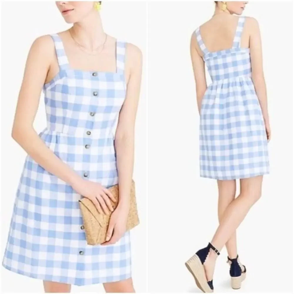J. Crew Blue and White Gingham Button-Front Sundress